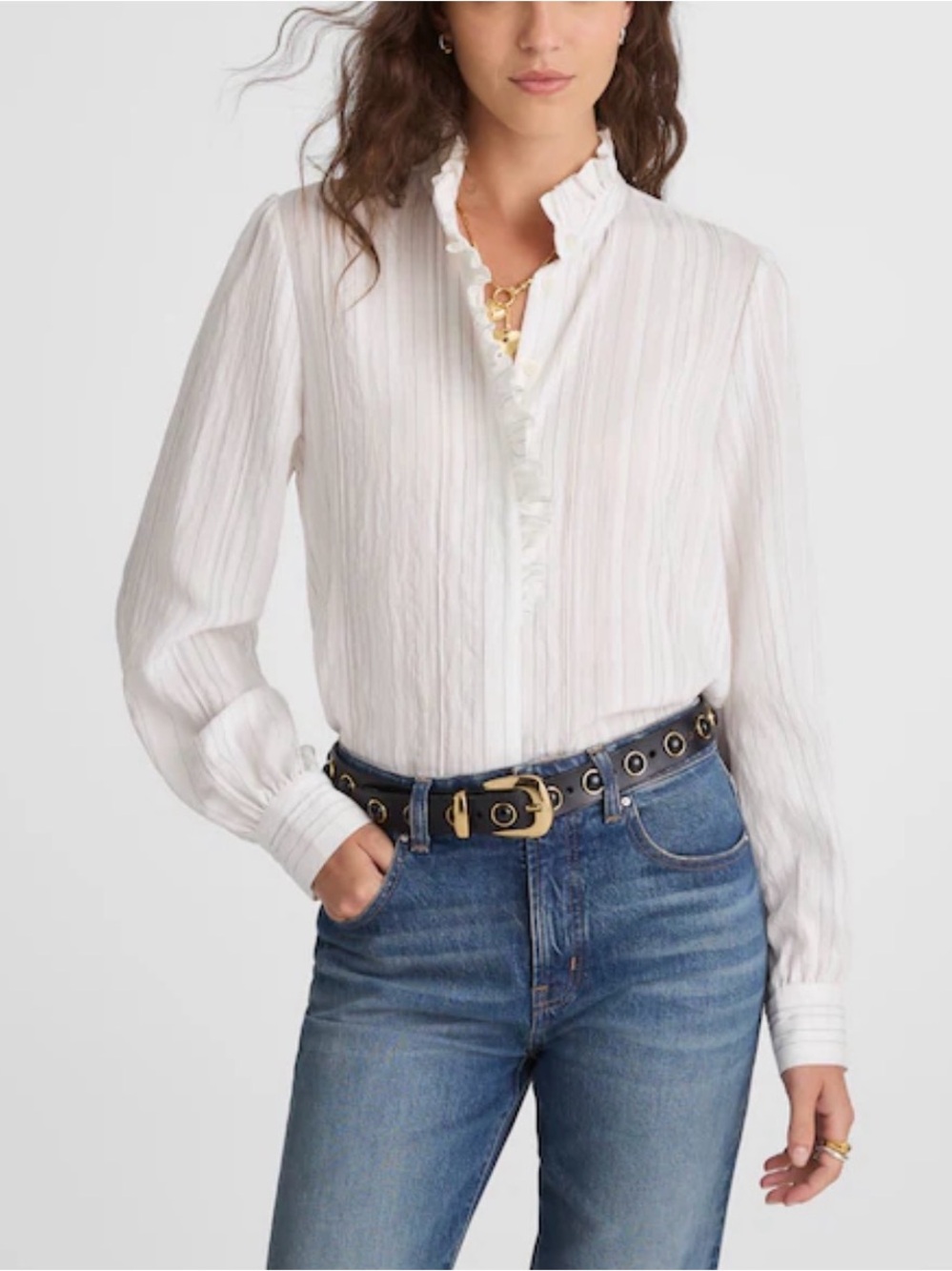 Madewell Cream Ruffle-Trim Long-Sleeve Blouse